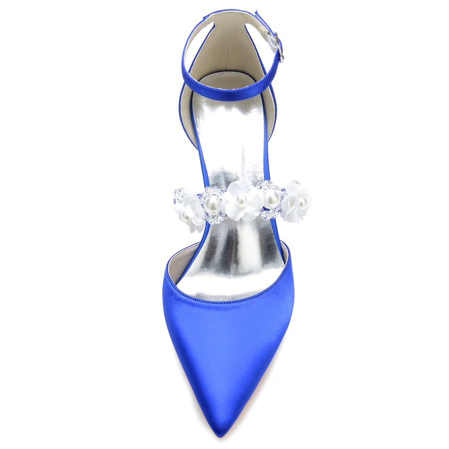 Women's Wedding Shoes Pointed Toe High Heel Bridal Shoes with Pearls & Flowers - Image 4