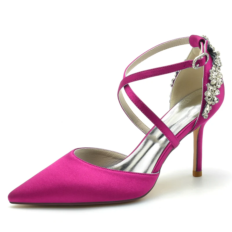 Women's Wedding Shoes Pointed Toe High Heel Crossed Straps Buckle Bridal Shoes with Rhinestone - Image 7