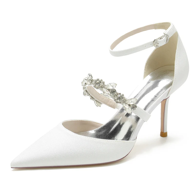 Women's Wedding Shoes Pointed Toe High Heel Elegant Buckle Bridal Shoes with Rhinestone Straps - Image 2