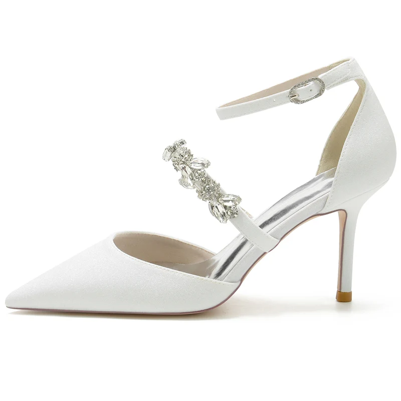 Women's Wedding Shoes Pointed Toe High Heel Elegant Buckle Bridal Shoes with Rhinestone Straps - Image 3