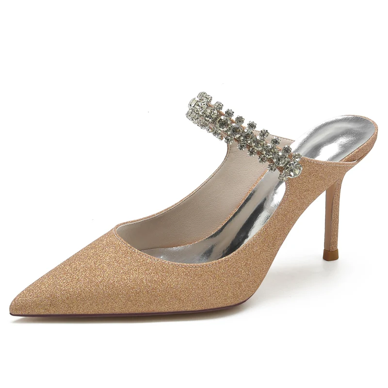 Women's Wedding Shoes Pointed Toe High Heel Stretch Glitter Slip-On Bridal Shoes with Rhinestone - Image 6
