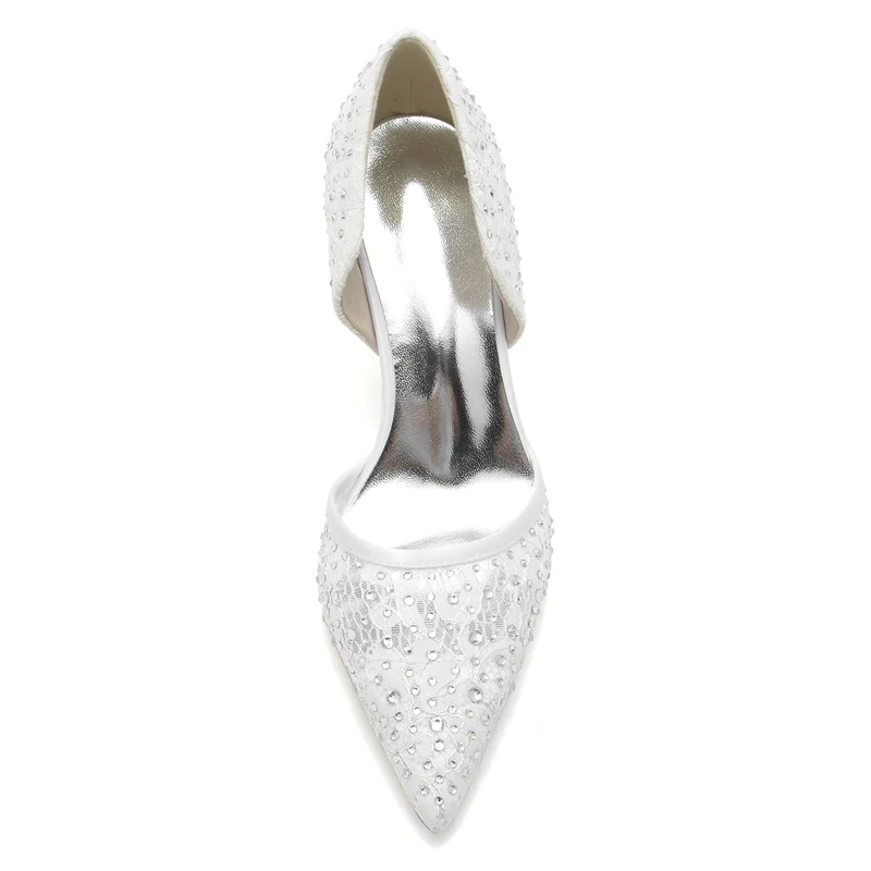 Women's Wedding Shoes Pointed Toe High Stiletto Heel Lace Bridal Shoes with Crystal - Image 2