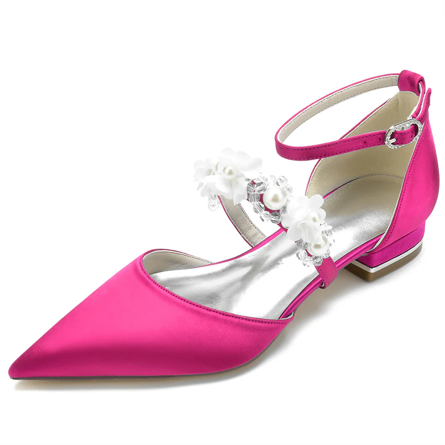 Women's Wedding Shoes Pointed Toe Low Heel Bridal Shoes with Pearls & Flowers - Image 10