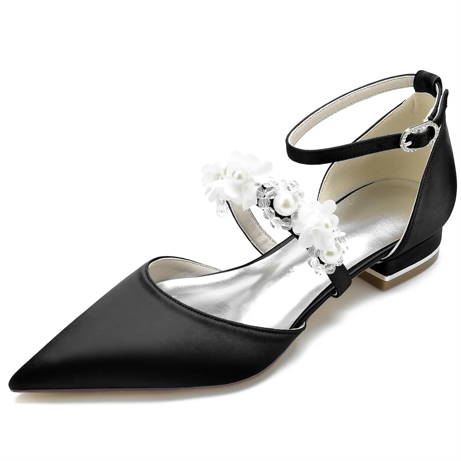 Women's Wedding Shoes Pointed Toe Low Heel Bridal Shoes with Pearls & Flowers - Image 7