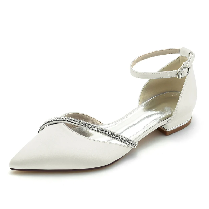 Women's Wedding Shoes Pointed Toe Low Heel Buckle Bridal Shoes with Crystal Straps - Image 9
