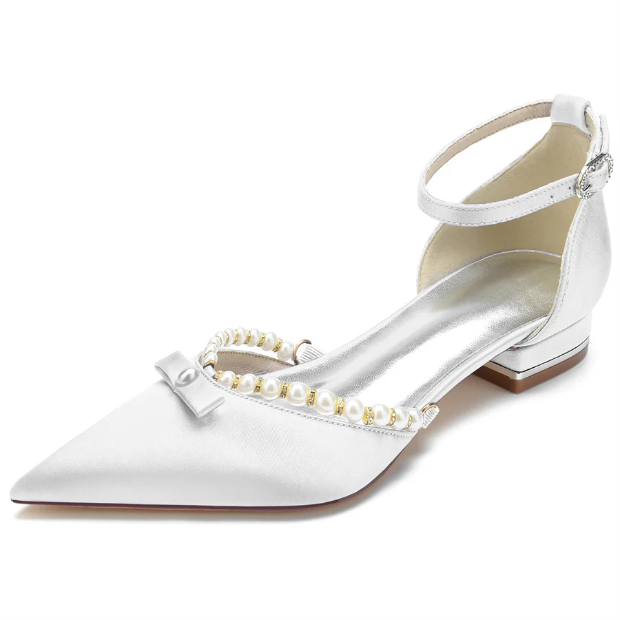 Women's Wedding Shoes Pointed Toe Low Heel Elegant Bridal Shoes with Pearls - Image 6