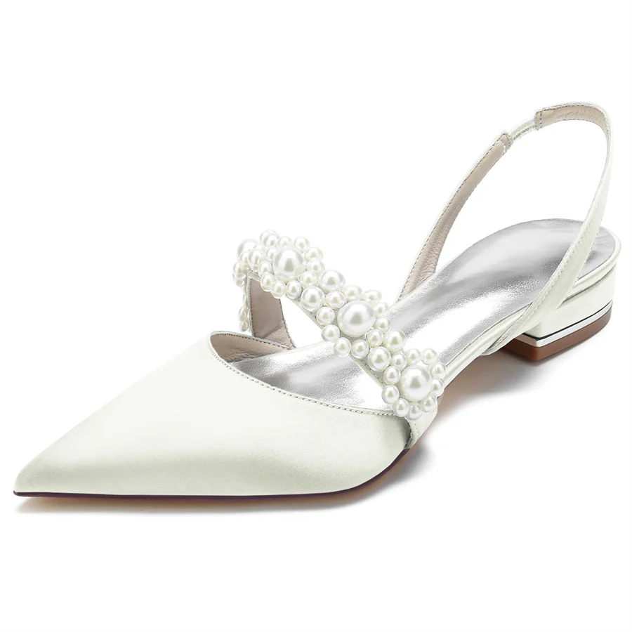 Women's Wedding Shoes Pointed Toe Low Heel Elegant Bridal Shoes with Pearls - Image 13
