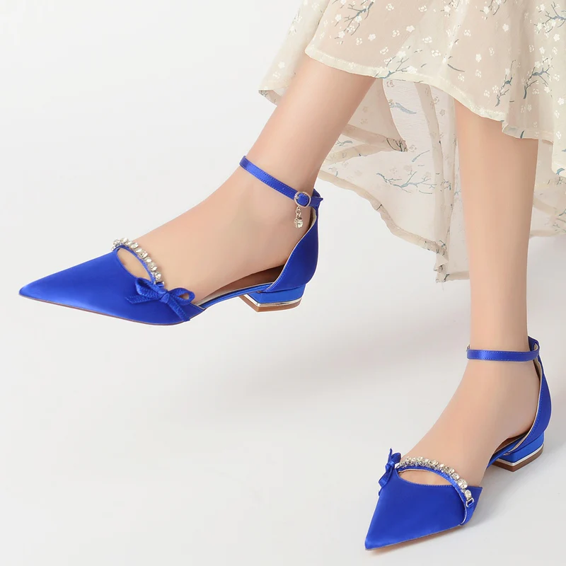 Women's Wedding Shoes Pointed Toe Low Heel High-End Crystal Bridal Shoes with Mini Bow - Image 2