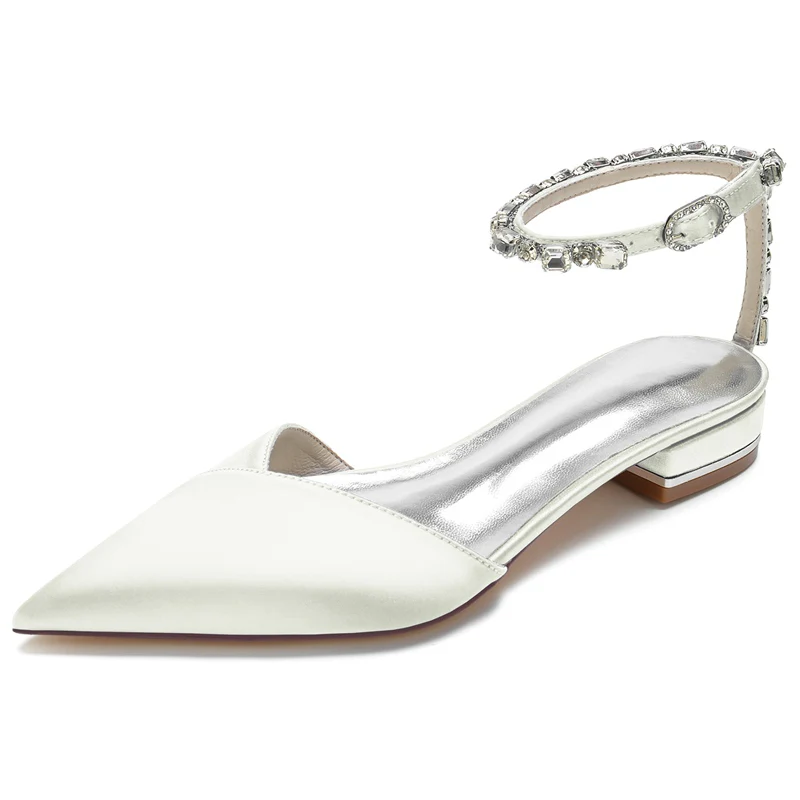 Women's Wedding Shoes Pointed Toe Low Heel Sparkling Rhinestone Ankle Strap Bridal Shoes - Image 9