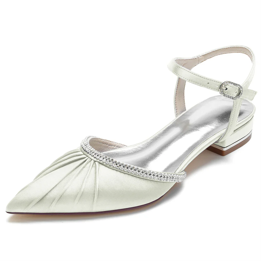 Women's Wedding Shoes Pointed Toe Pleated Low Heel Bridal Shoes with Crystals - Image 6