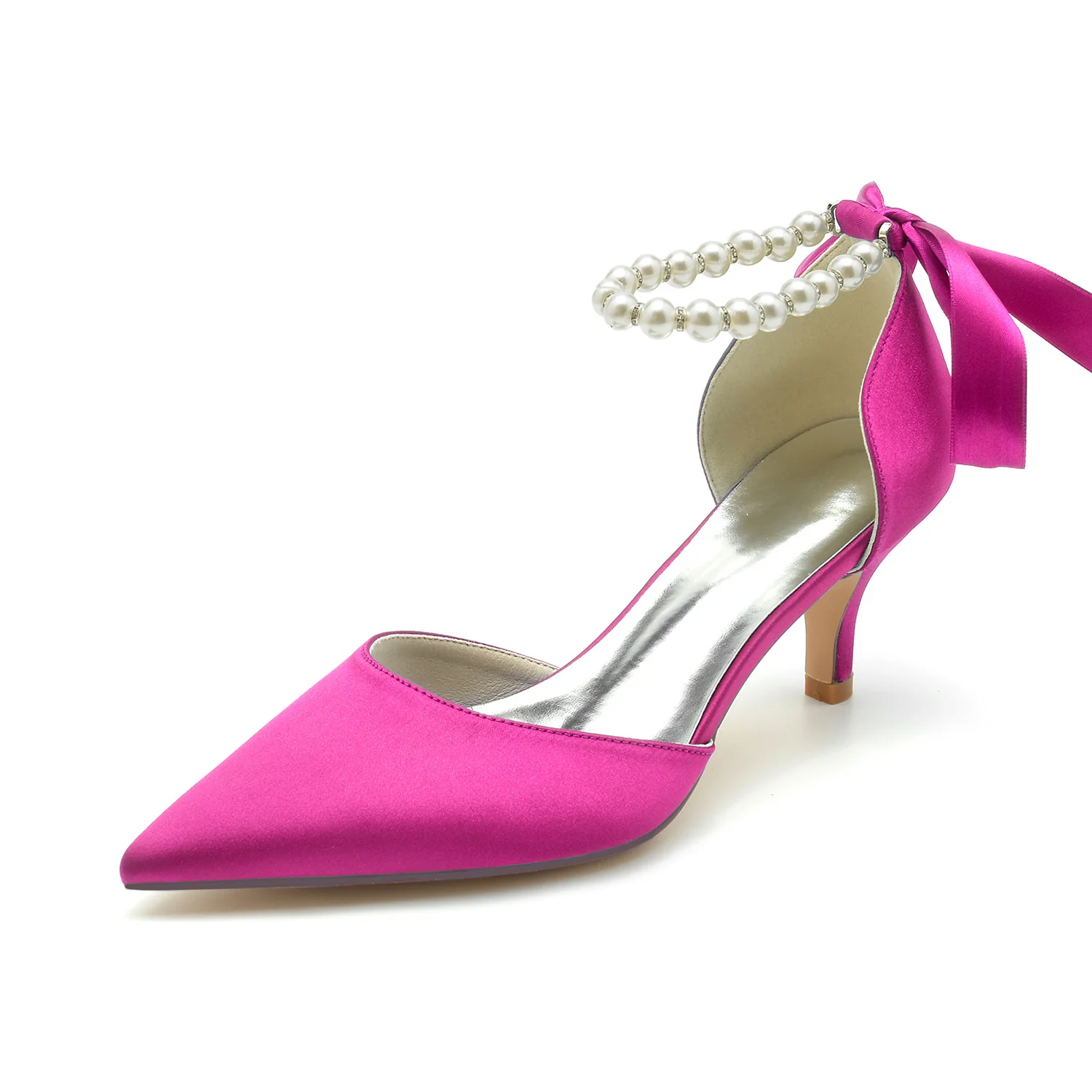Women's Wedding Shoes Pointed Toe Silk Satin Pearl Mid Heel Bow Bridal Shoes - Image 9