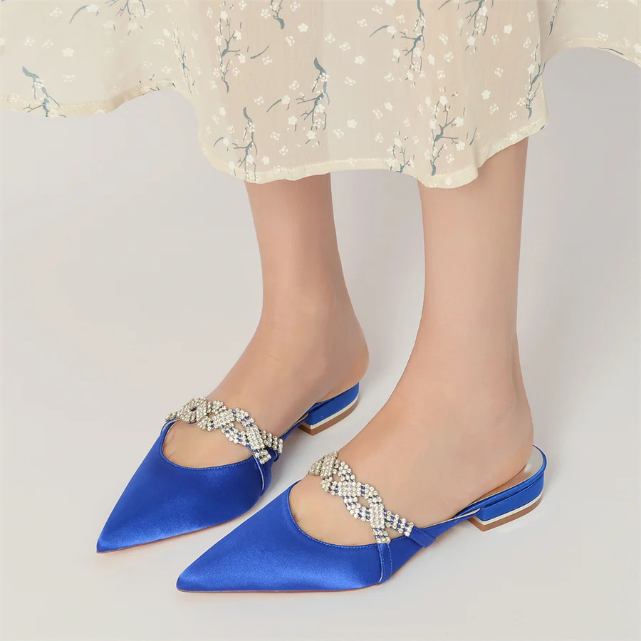 Women's Wedding Shoes Pointed Toe Slippers Low Heel Bridal Shoes with Crystals - Image 2