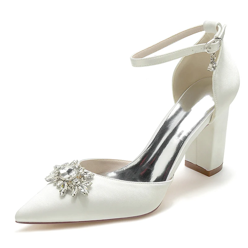 Women's Wedding Shoes Chunky Heel Pointed Toe Sparkling Rhinestone Buckle Bridal Shoes - Image 8