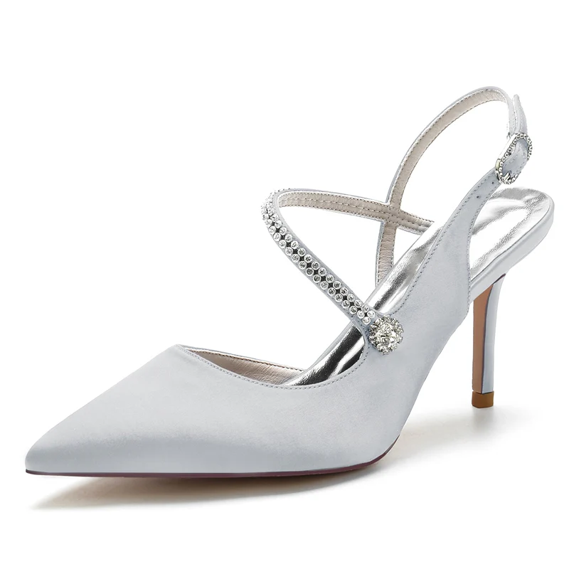 Women's Wedding Shoes Pointed Toe Stiletto Heel Buckle Bridal Shoes with Crystal - Image 10