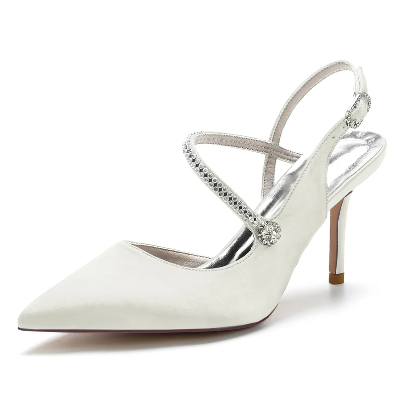 Women's Wedding Shoes Pointed Toe Stiletto Heel Buckle Bridal Shoes with Crystal - Image 8