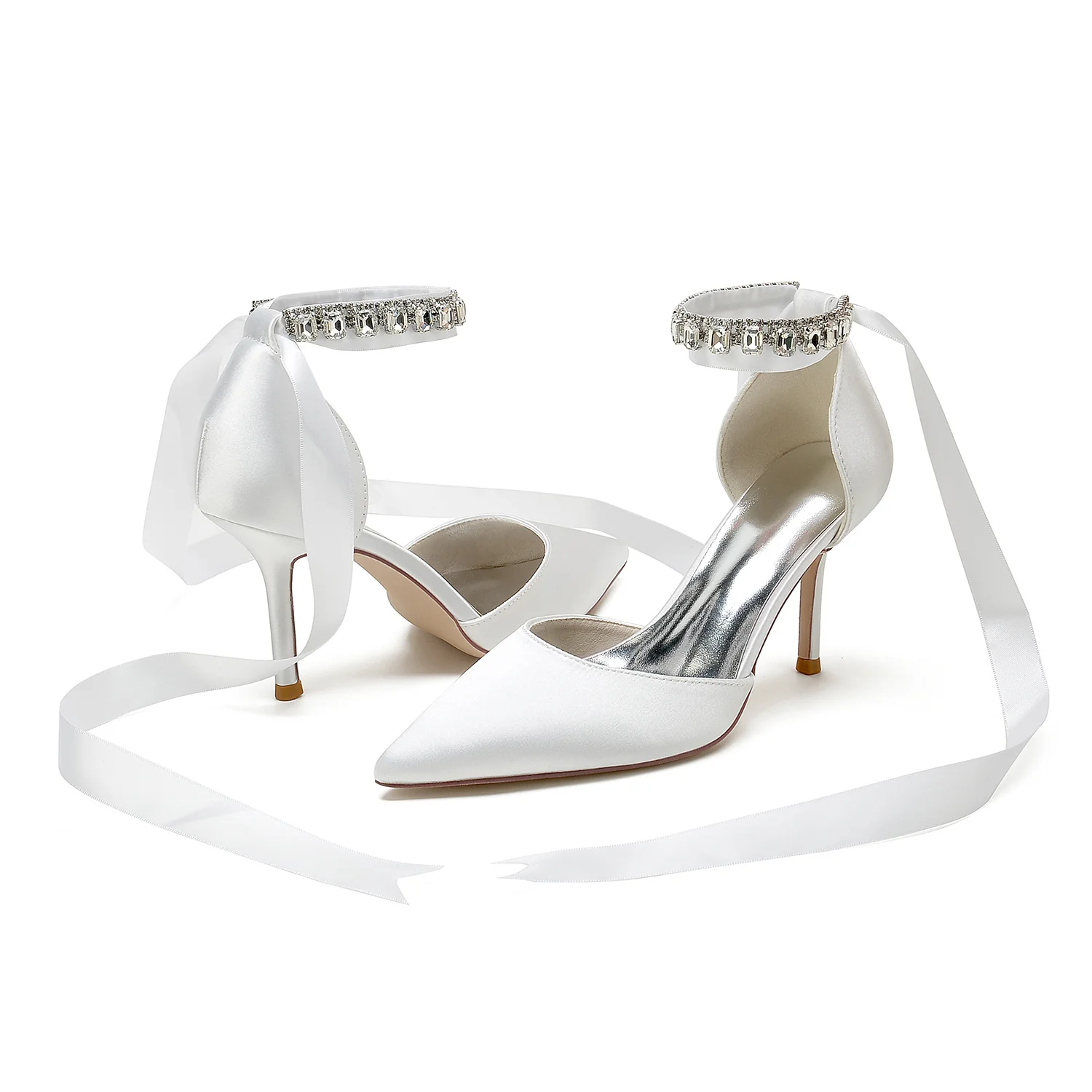 Women's Wedding Shoes Pointed Toe Stiletto Heel Rhinestone Bow Buckle Bridal Shoes - Image 5