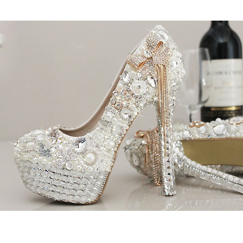 Women's Wedding Shoes Rhinestone Crystal Imitation Pearl Bowknot Tassel Stiletto High Heel Platform Closed Toe Bridal Shoes - Image 3