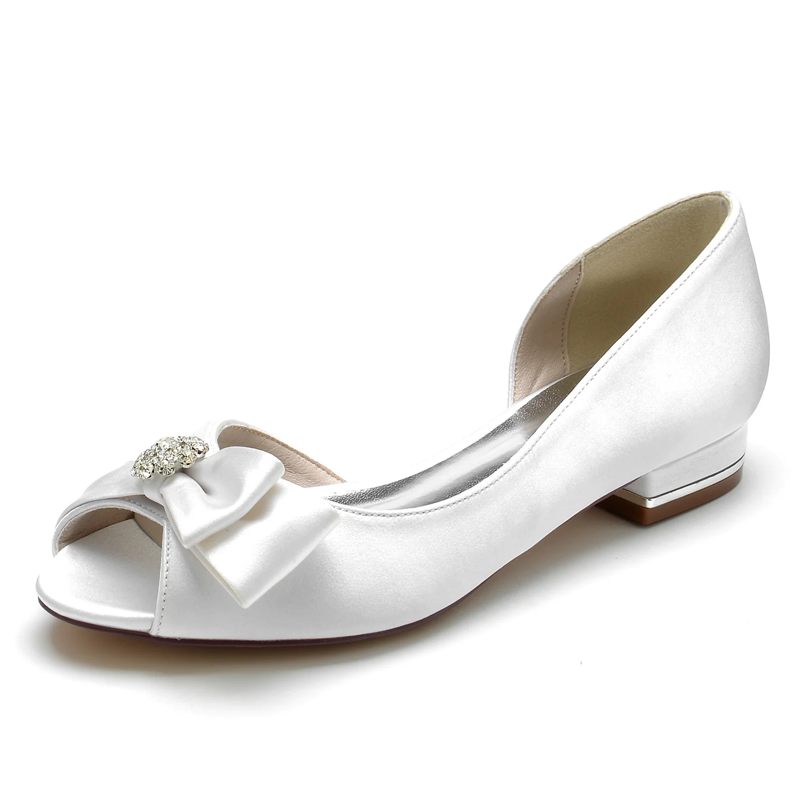 Women's Wedding Shoes Rhinestone Silk Satin Bow Low Peep Toe Bridal Shoes - Image 13