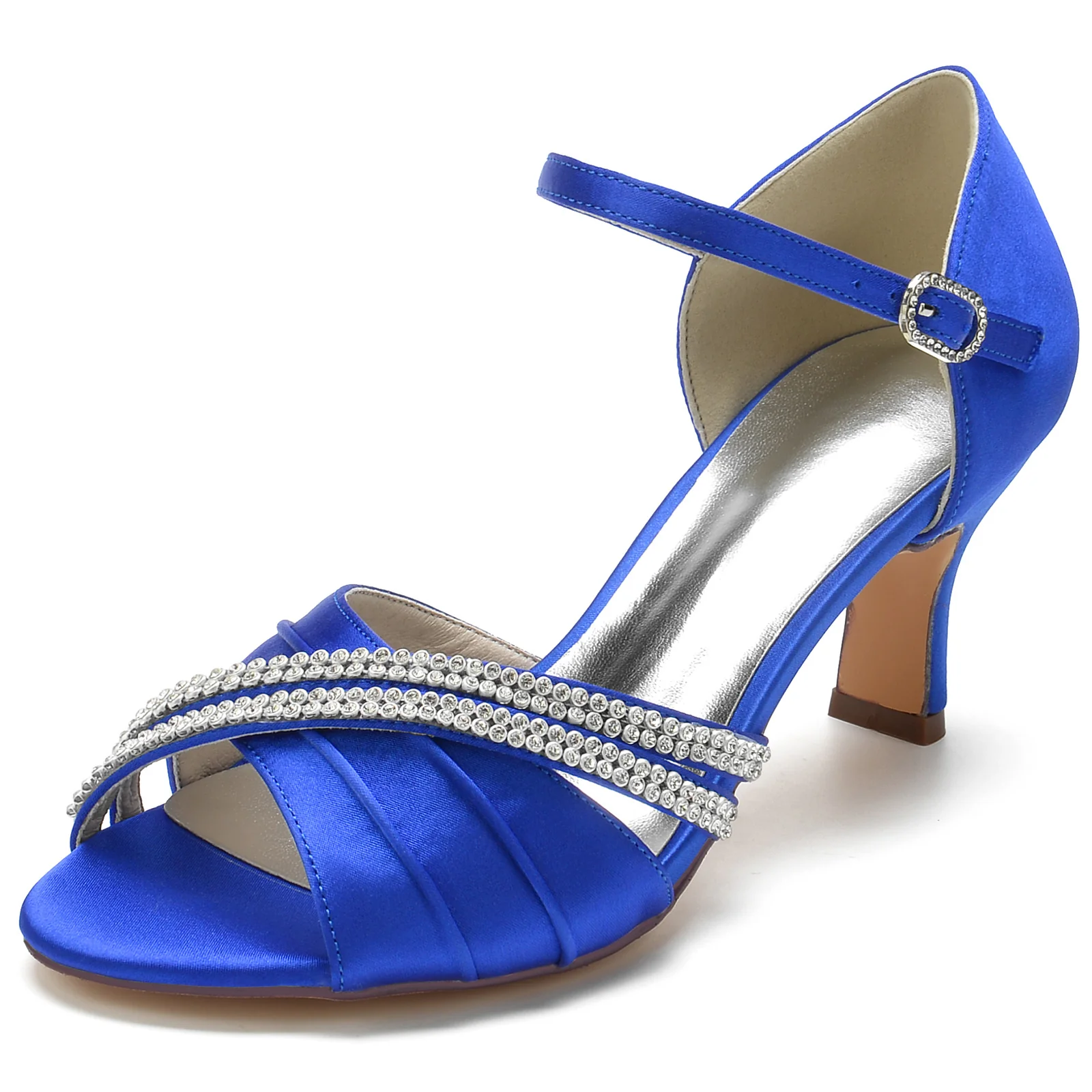 Women's Wedding Shoes Round Crystal Strappy Peel Toe Mid Heel Bridal Shoes - Image 6