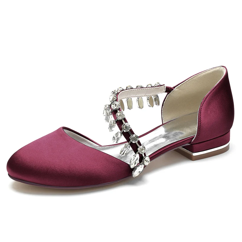 Women's Wedding Shoes Round Toe Flat Heel Silk Satin Bridal Shoes with Rhinestone Strap - Image 12