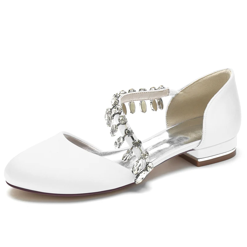 Women's Wedding Shoes Round Toe Flat Heel Silk Satin Bridal Shoes with Rhinestone Strap - Image 8