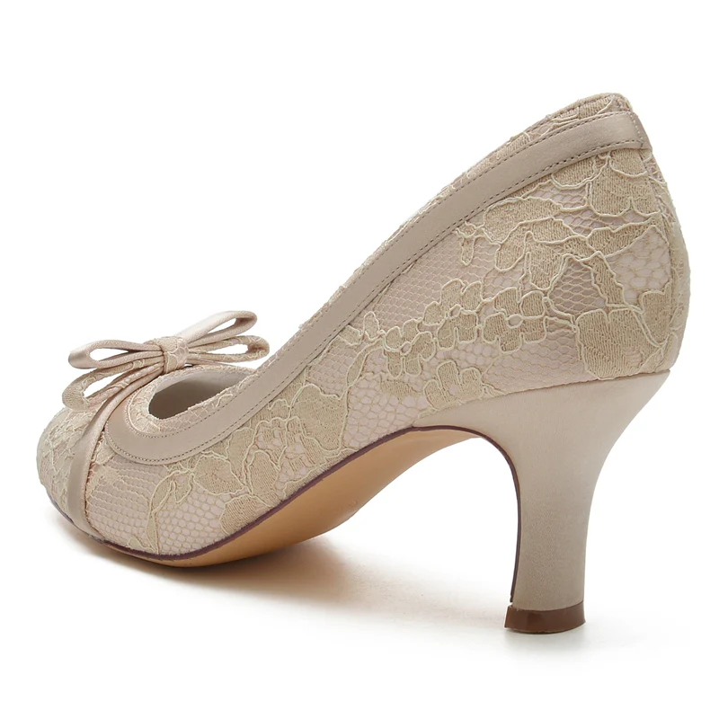 Women's Wedding Shoes Round Toe Mid Heel Lace Exquisite Bridal Shoes with Bowknot - Image 3