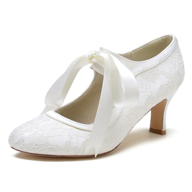 Women's Wedding Shoes Round Toe Mid Heel Lace Stylish Bridal Shoes with Bow Straps - Image 7