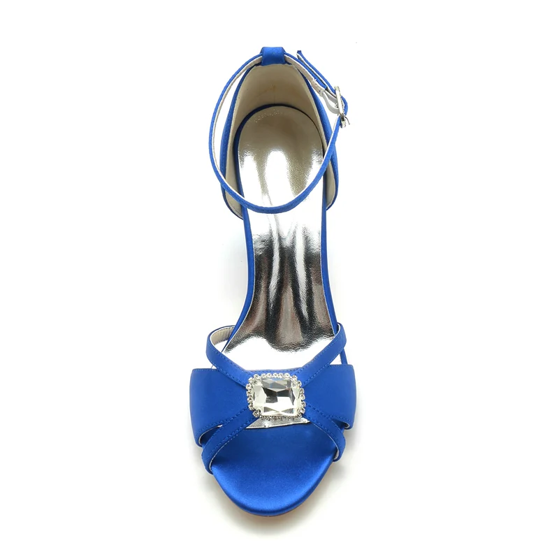 Women's Wedding Shoes Royal Blue Opened Toe Block Heel Bridal Shoes with Square Rhinestone - Image 2