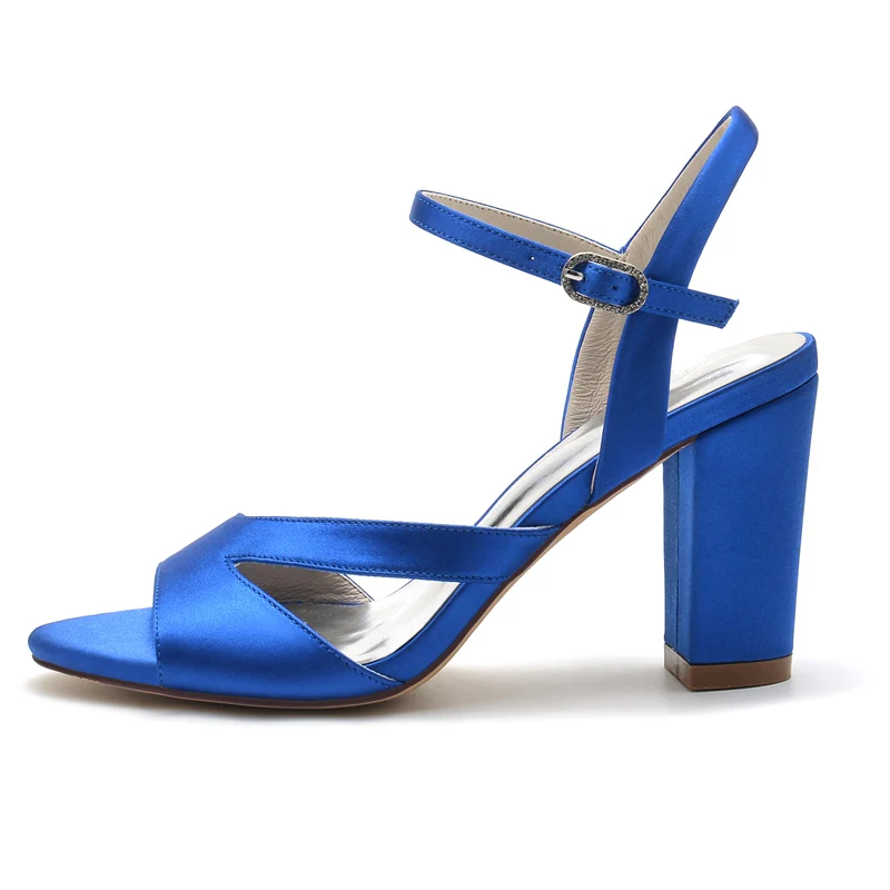 Women's Wedding Shoes Royal Blue Opened Toe Sturdy Heel Fashion Buckle Bridal Shoes - Image 3