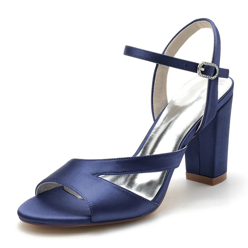 Women's Wedding Shoes Royal Blue Opened Toe Sturdy Heel Fashion Buckle Bridal Shoes - Image 5