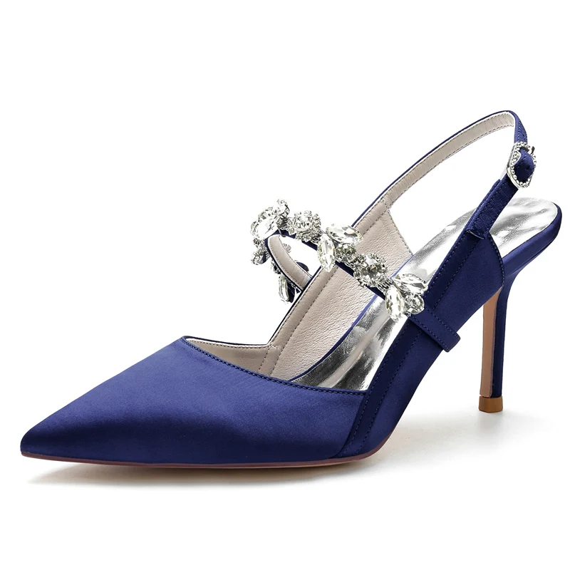 Women's Wedding Shoes Royal Blue Pointed Toe Stiletto Heel Buckle Bridal Shoes with Rhinestone - Image 5