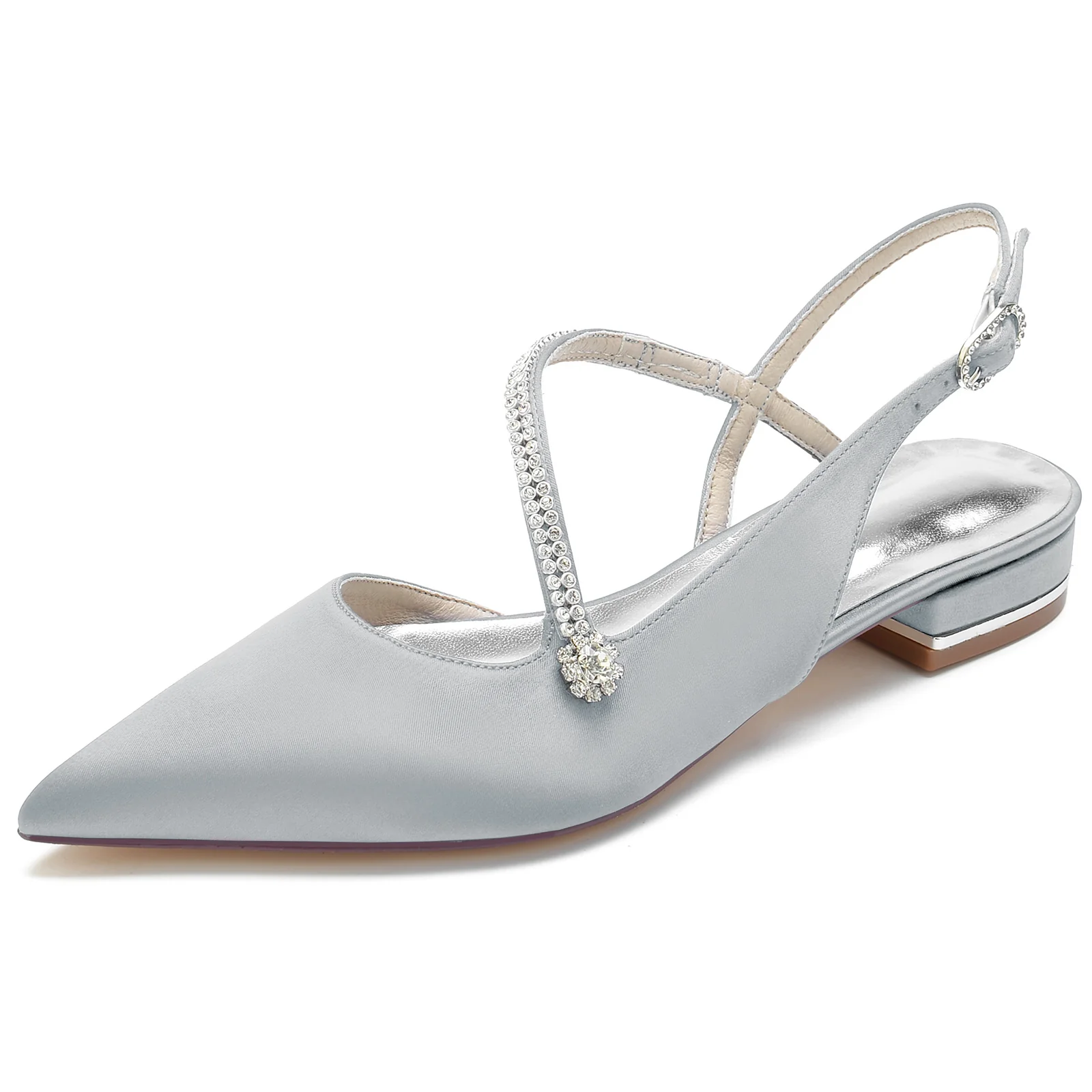 Women's Wedding Shoes Satin Crystal Low Heel Closed Toe Buckle Bridal Shoes - Image 11