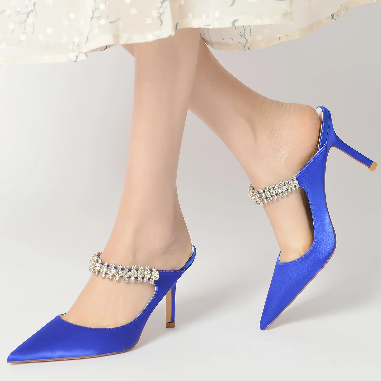 Women's Wedding Shoes Satin Imitation Rhinestone Stiletto Pointed Toe Bridal Shoes - Image 6