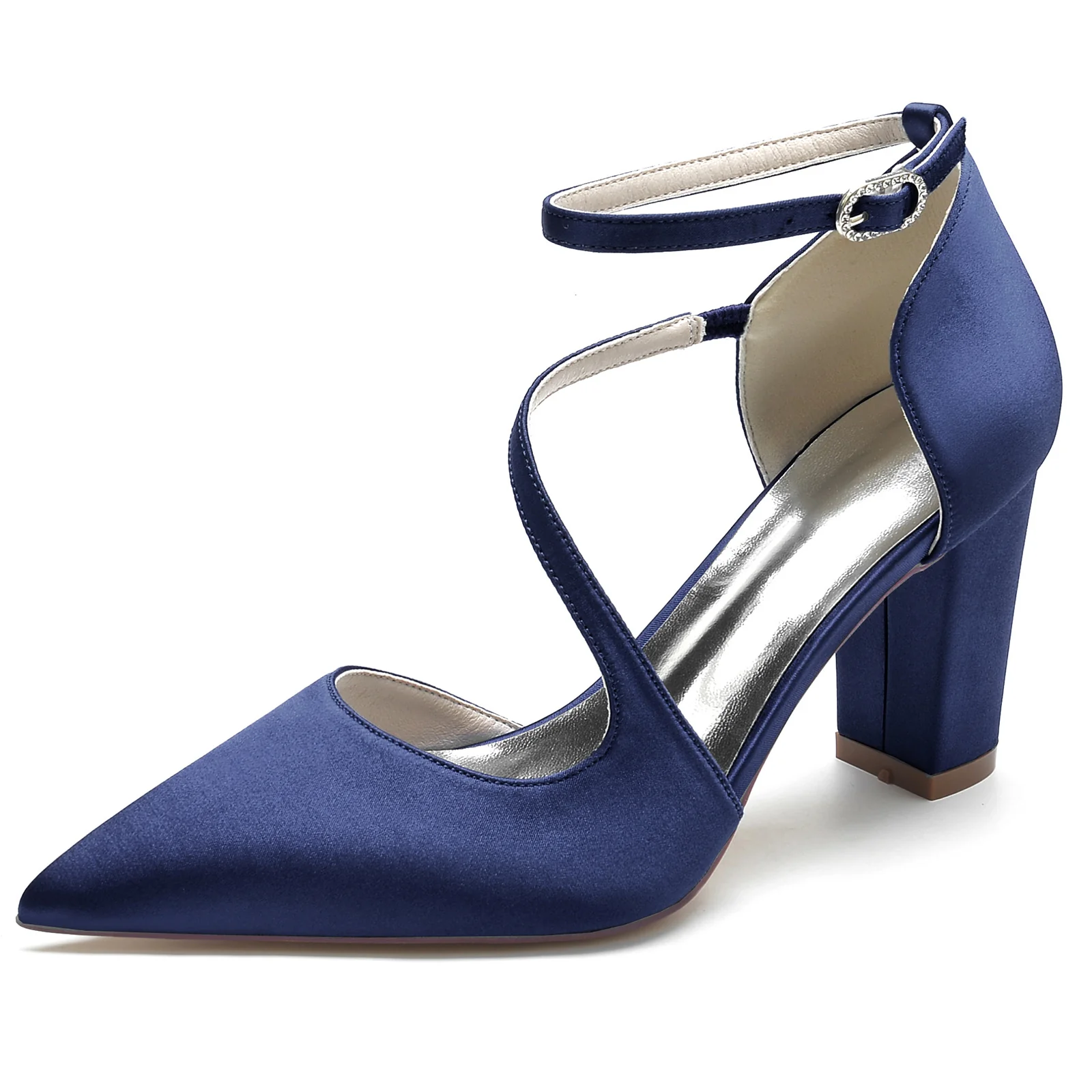Women's Wedding Shoes Silk Satin Block Pointed Toe Buckle Minimalism Bridal Shoes - Image 11