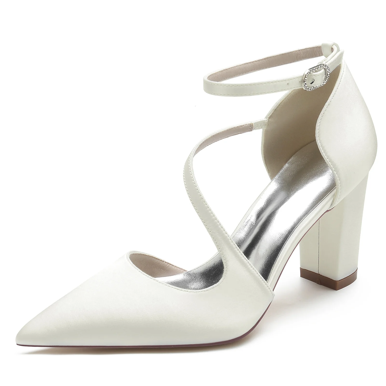 Women's Wedding Shoes Silk Satin Block Pointed Toe Buckle Minimalism Bridal Shoes - Image 12