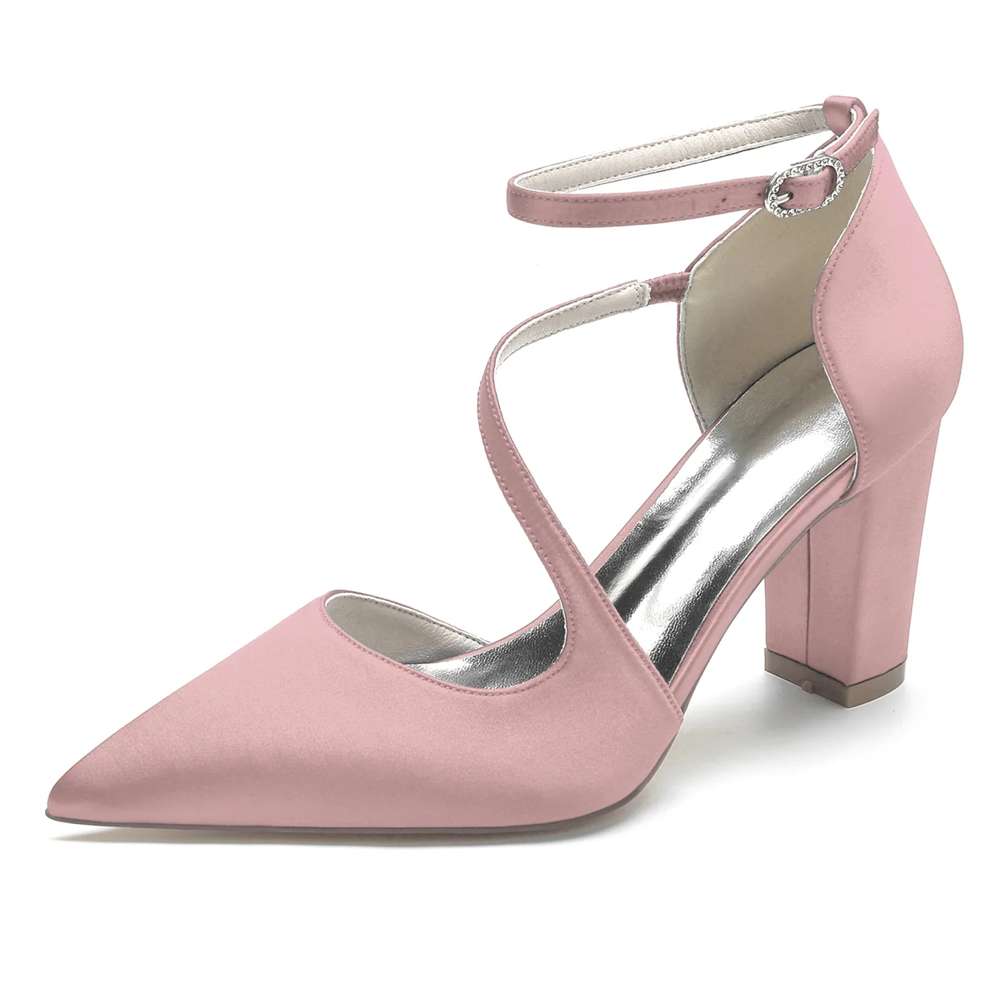 Women's Wedding Shoes Silk Satin Block Pointed Toe Buckle Minimalism Bridal Shoes - Image 13