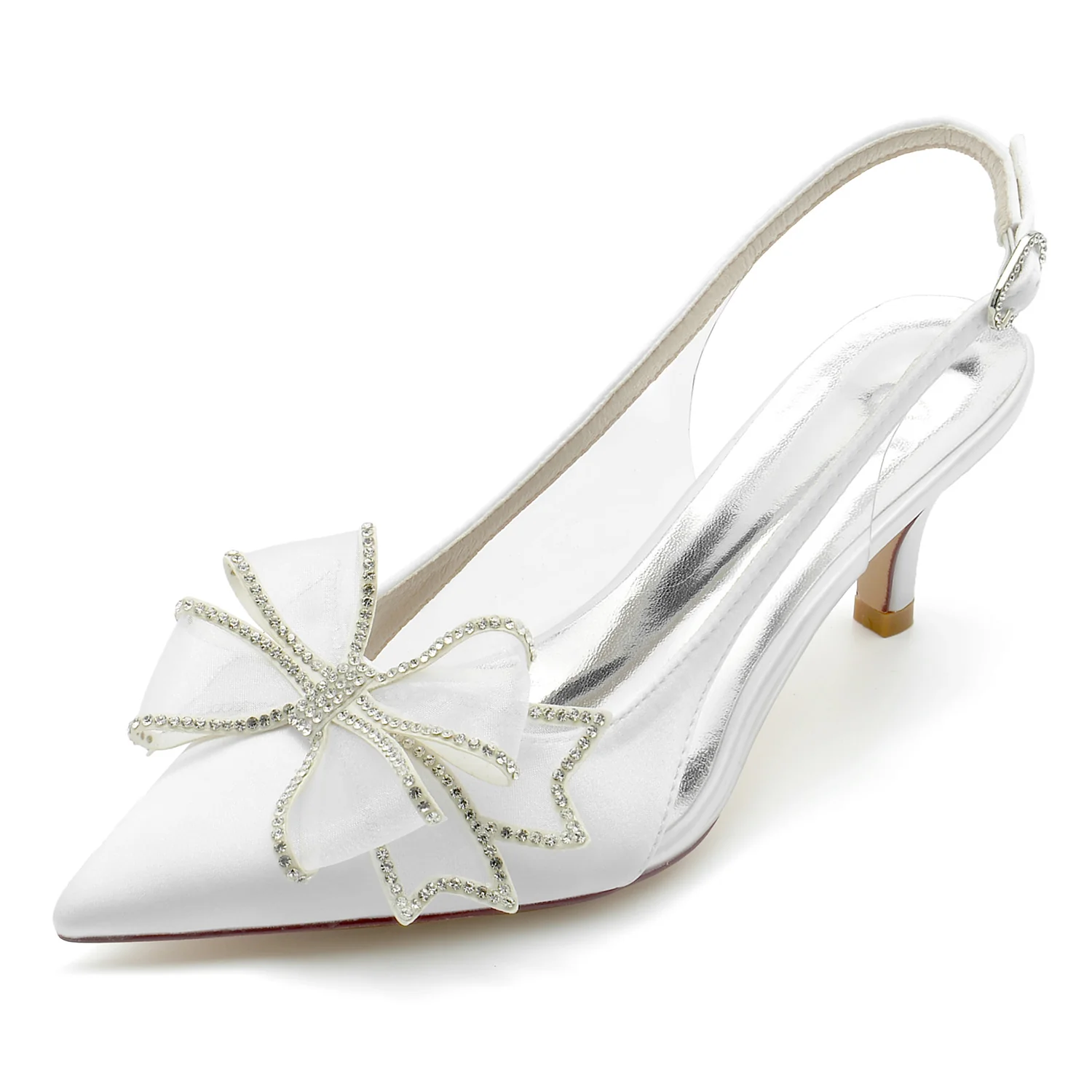 Women's Wedding Shoes Silk Satin Bow Mid Heel Pointed Toe Buckle Bridal Shoes - Image 2