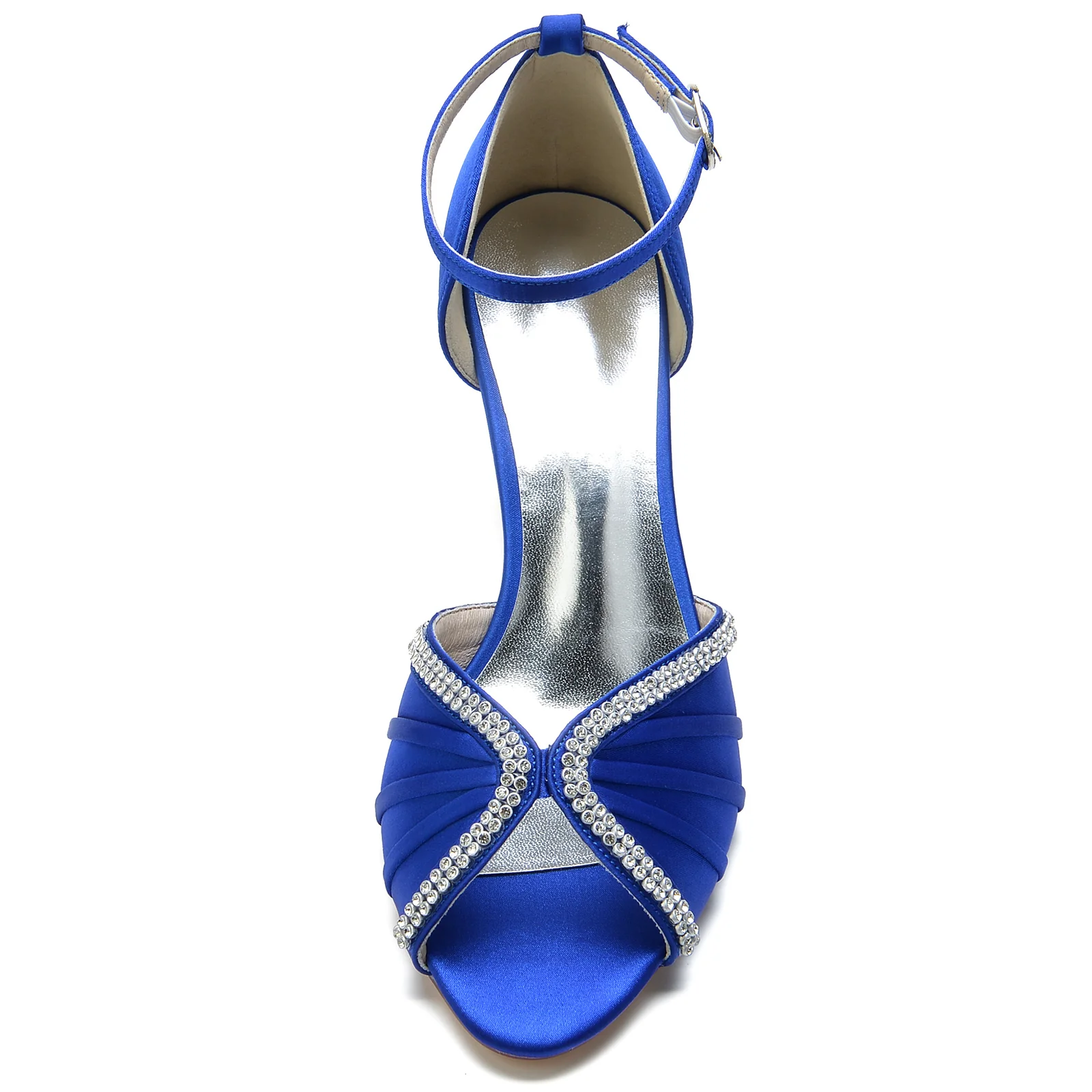 Women's Wedding Shoes Silk Satin Crystal Opened Toe Mid Heel Buckle Bridal Shoes - Image 4