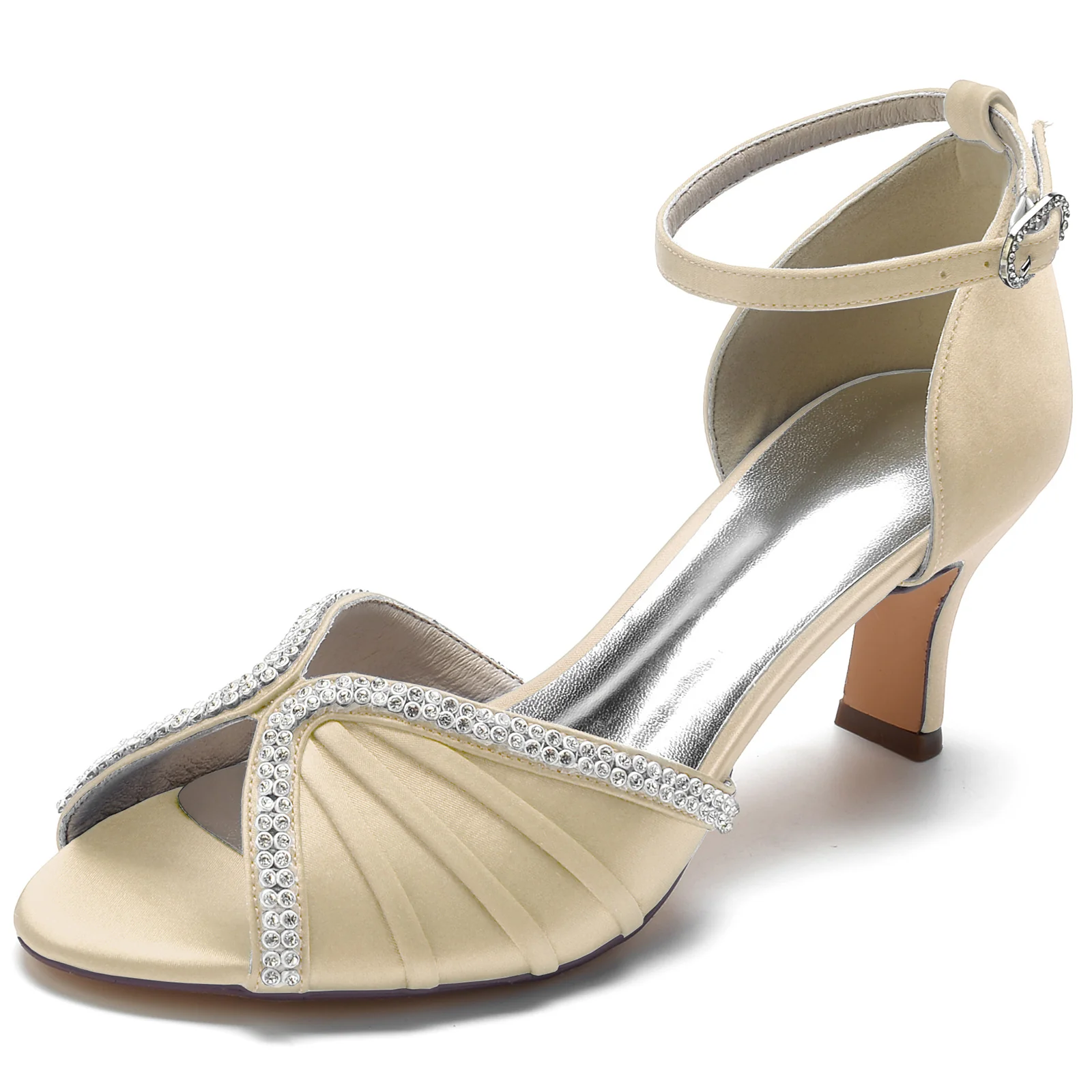 Women's Wedding Shoes Silk Satin Crystal Opened Toe Mid Heel Buckle Bridal Shoes - Image 8