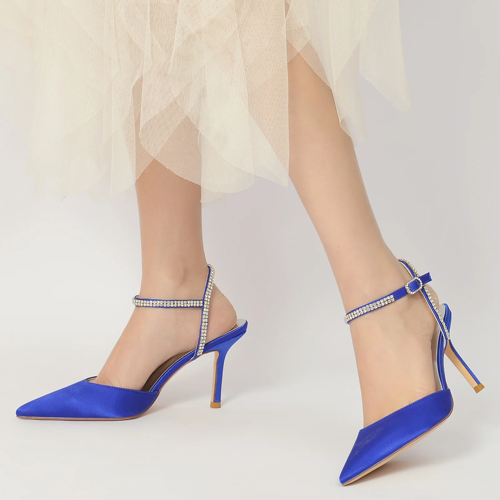 Women's Wedding Shoes Silk Satin Crystal Stiletto Pointed Toe Buckle Bridal Shoes - Image 3