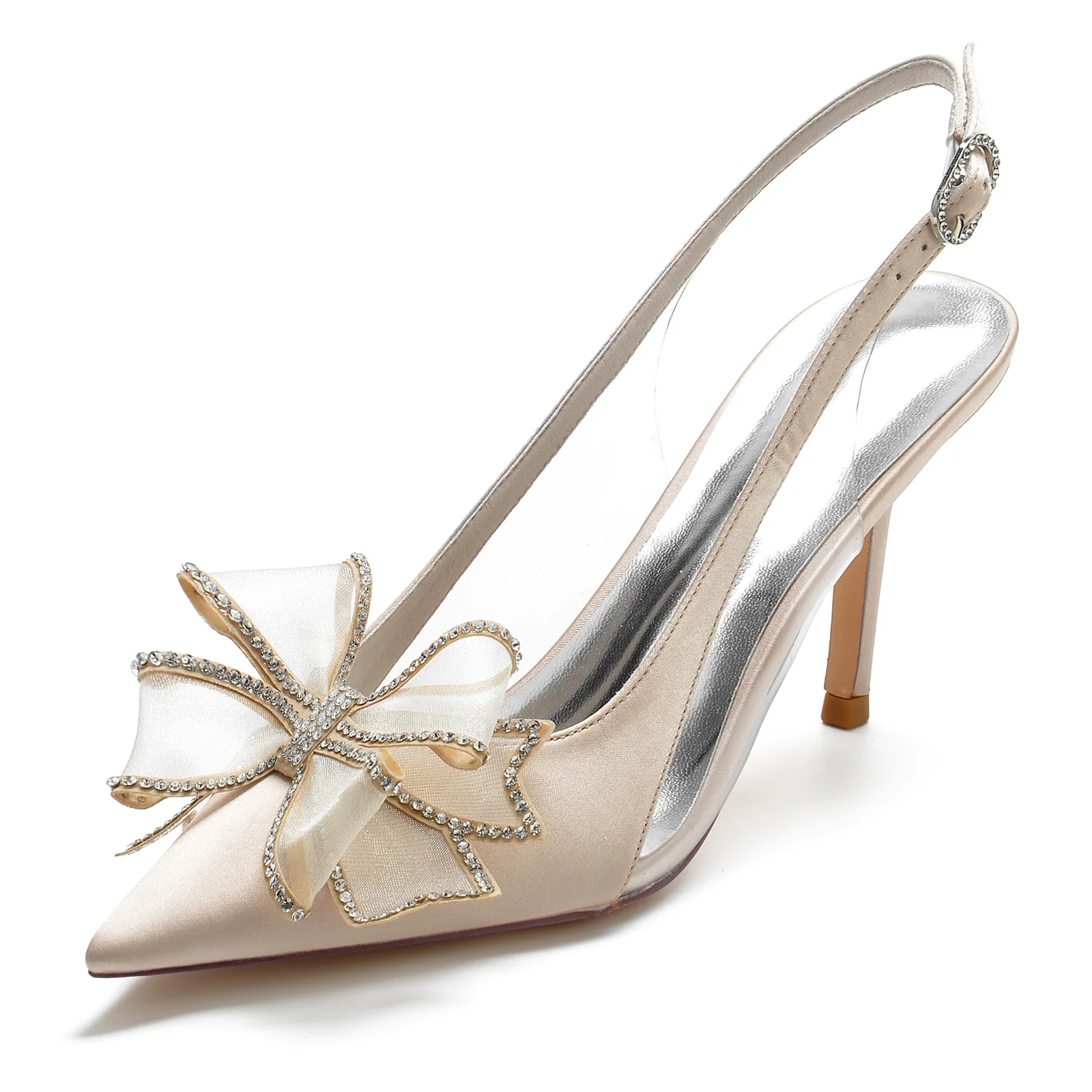 Women's Wedding Shoes Silk Satin Lace Bow Stiletto Pointed Toe Bridal Shoes - Image 2