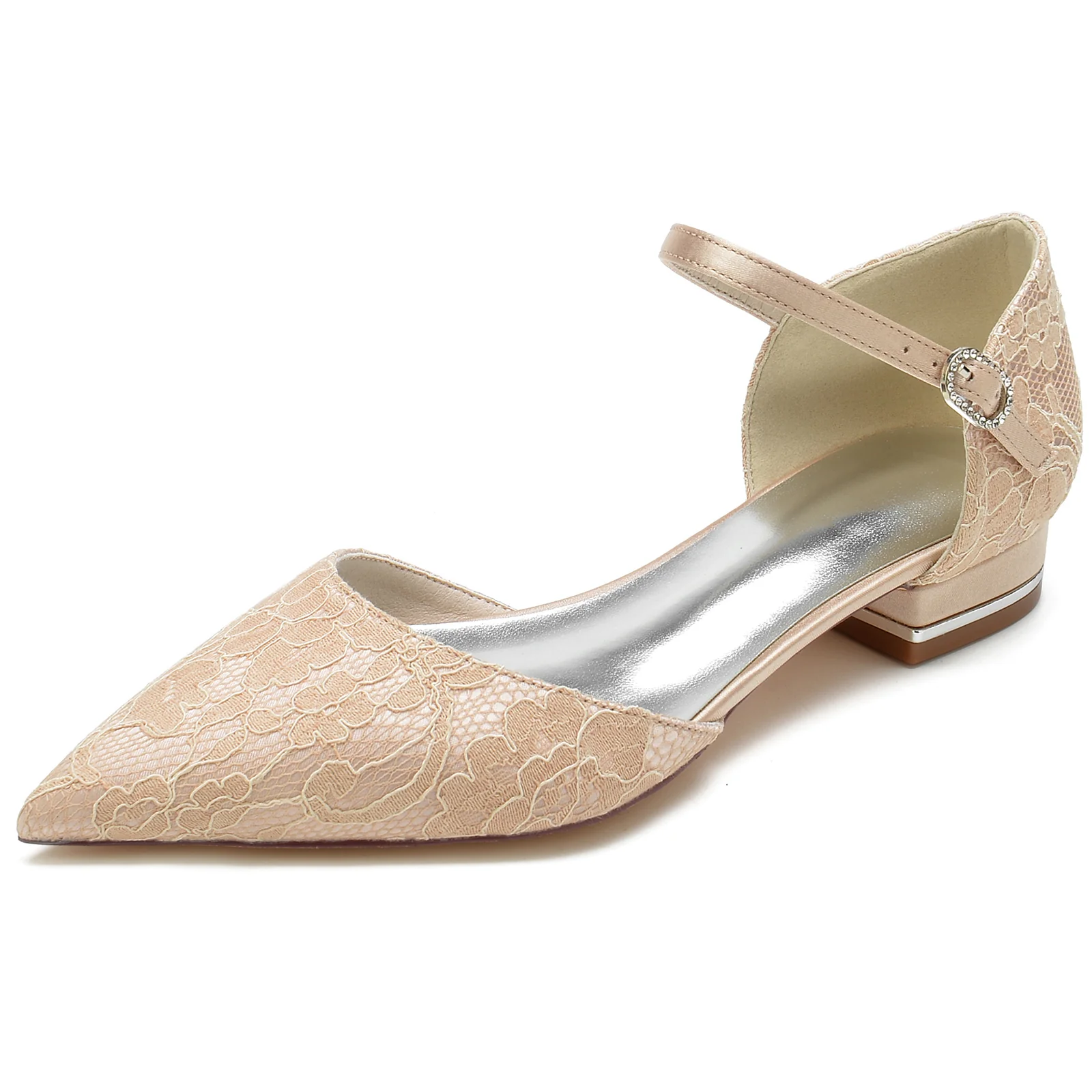 Women's Wedding Shoes Silk Satin Lace Low Closed Toe Crystal Buckle Bridal Shoes - Image 8