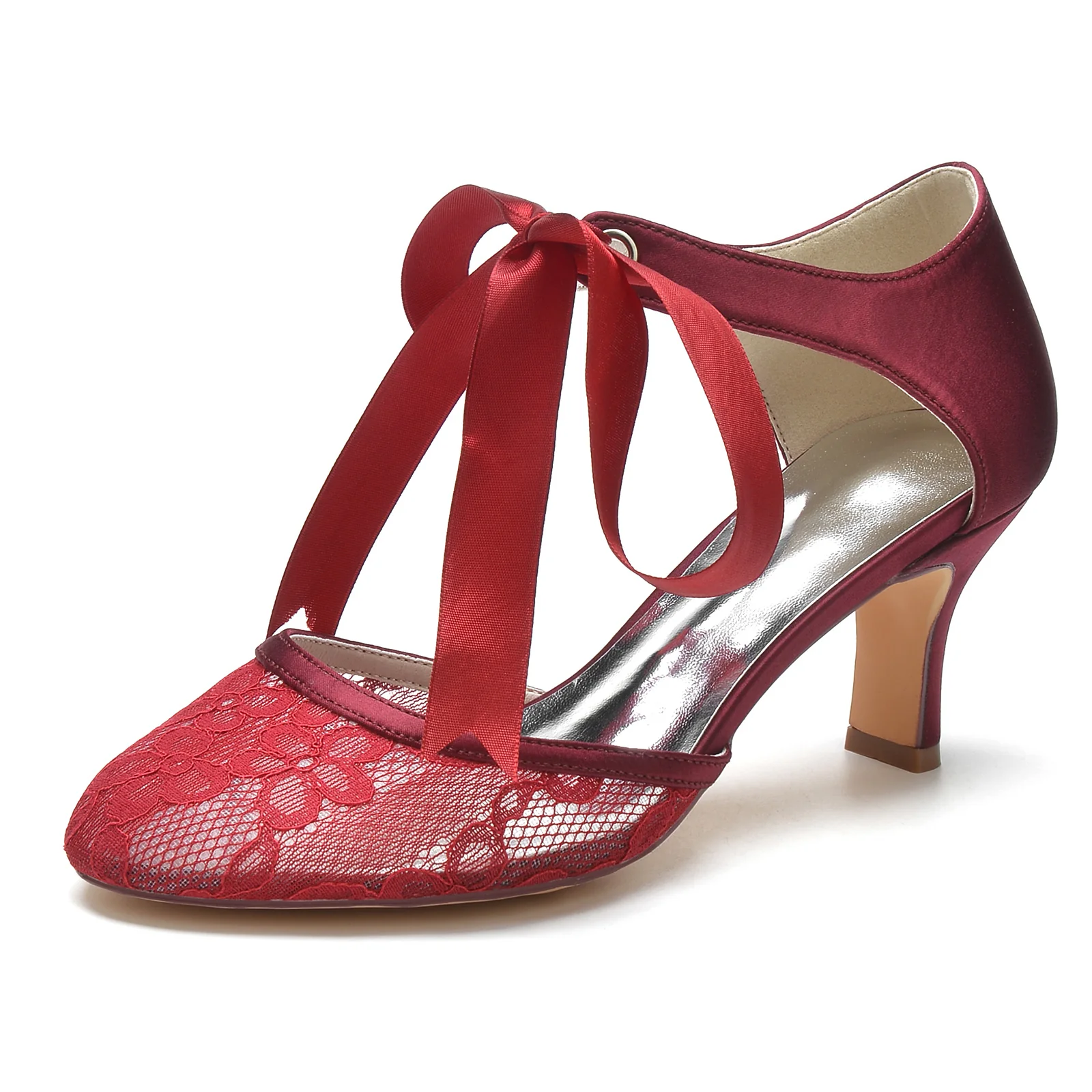 Women's Wedding Shoes Lace Mid Round Toe Bow Ankle Strap Bridal Shoes - Image 9