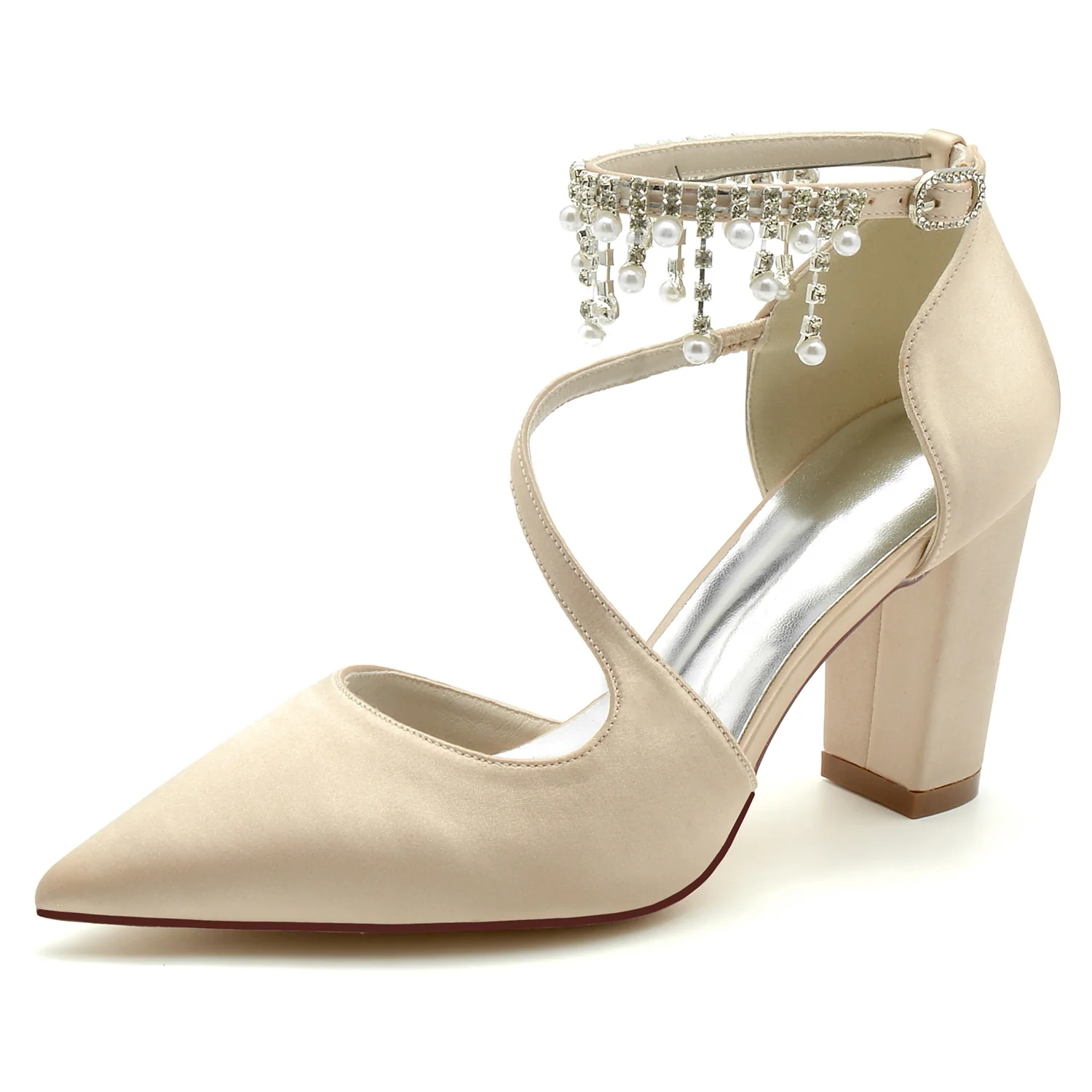 Women's Wedding Shoes Silk Satin Pearl Chunky Pointed Toe Buckle Bridal Shoes - Image 10