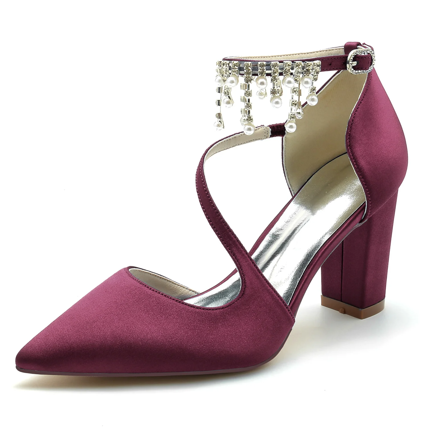 Women's Wedding Shoes Silk Satin Pearl Chunky Pointed Toe Buckle Bridal Shoes - Image 7