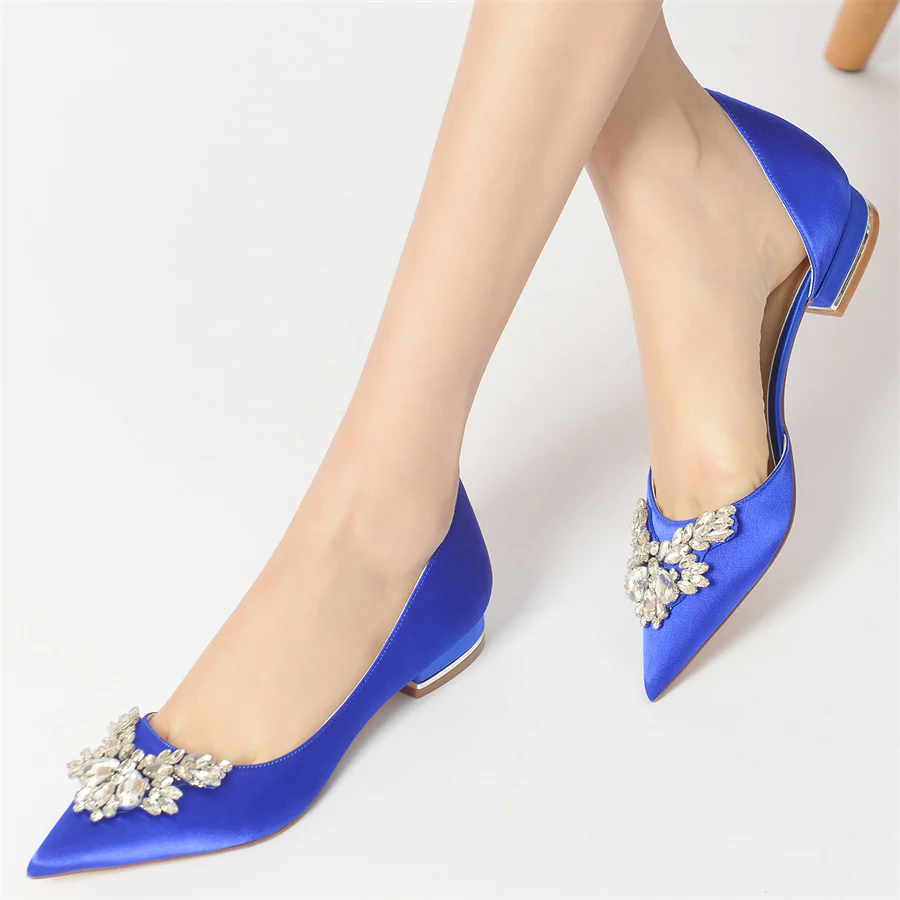 Women's Wedding Shoes Silk Satin Pointed Toe Low Heel Bridal Shoes with Rhinestones - Image 2