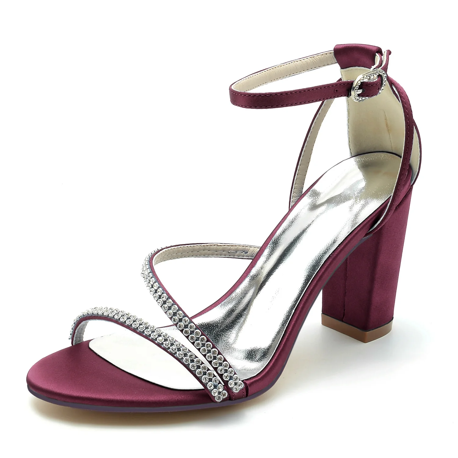 Women's Wedding Shoes Silk Satin Rhinestone Block Heel Peep Toe Buckle Bridal Shoes - Image 11