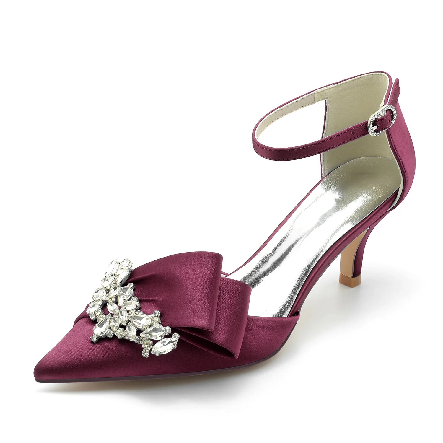 Women's Wedding Shoes Silk Satin Rhinestone Bow Mid Pointed Toe Buckle Bridal Shoes - Image 10