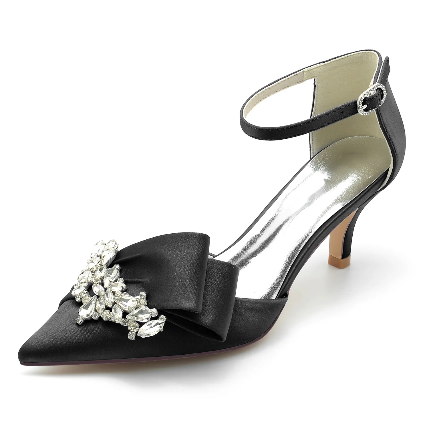 Women's Wedding Shoes Silk Satin Rhinestone Bow Mid Pointed Toe Buckle Bridal Shoes - Image 9