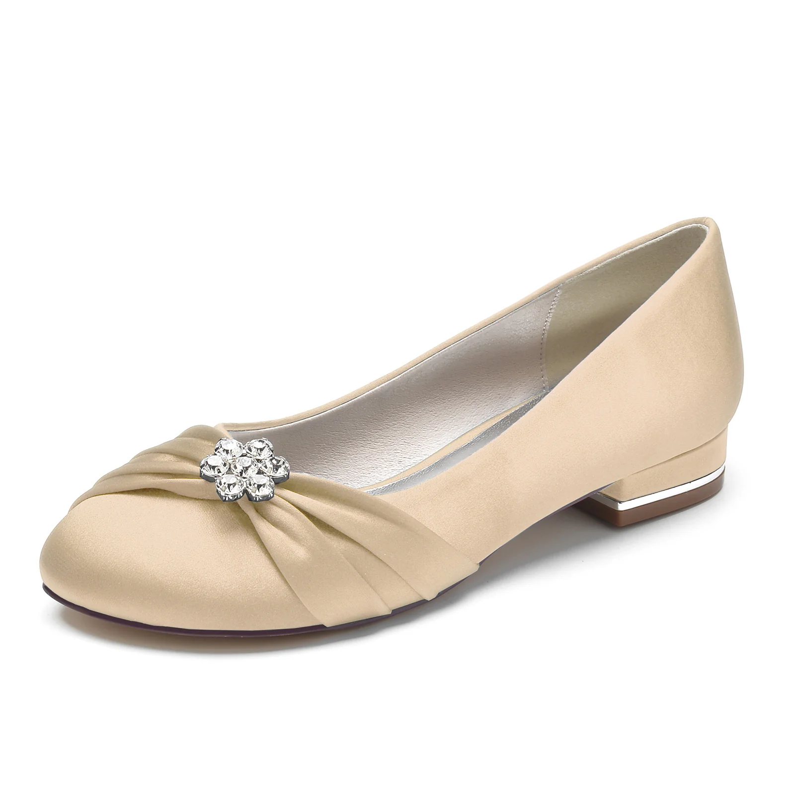 Women's Wedding Shoes Silk Satin Rhinestone Flower Low Closed Round Toe Bridal Shoes - Image 7